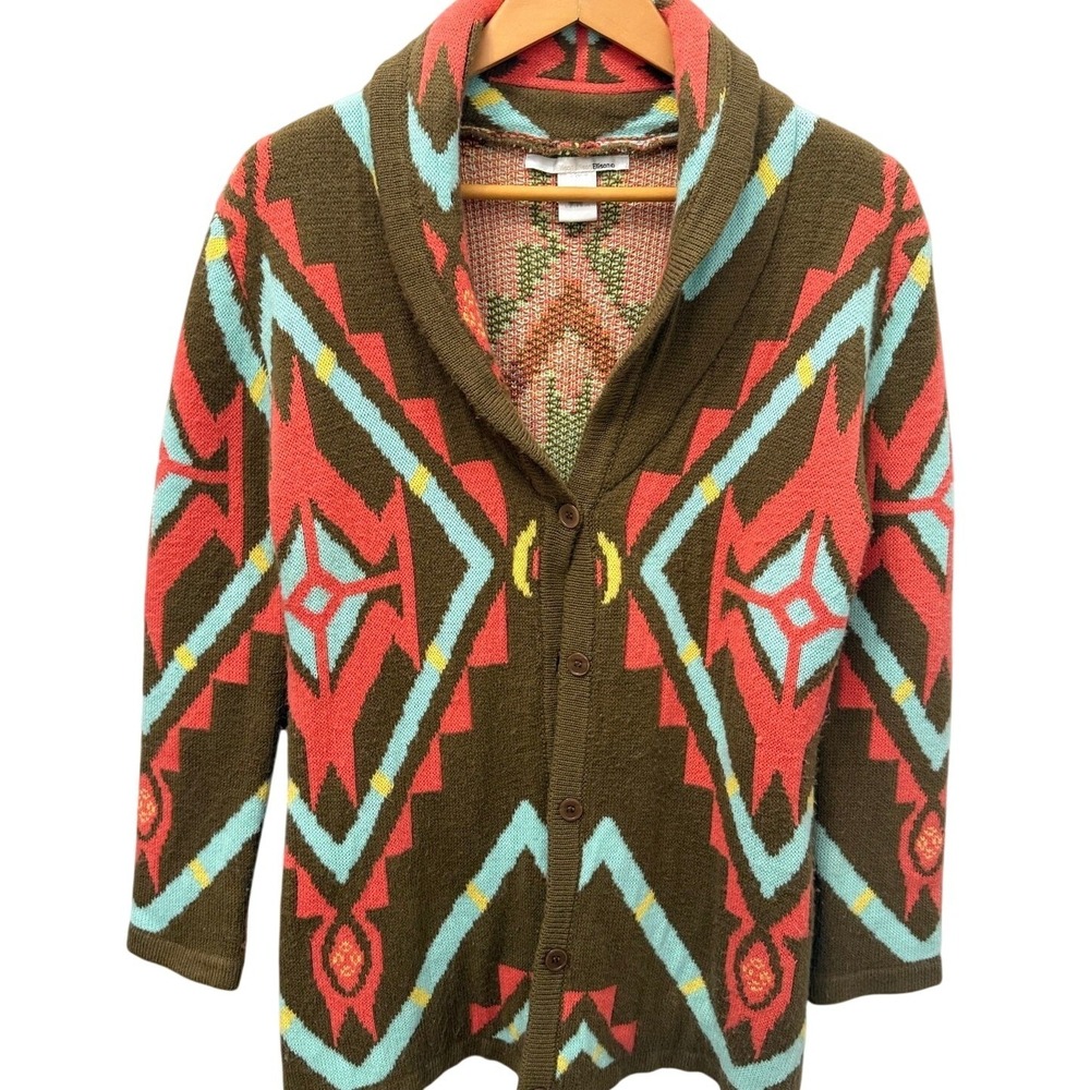 Ellison Aztec Cardigan Sweater Womens Medium Brown Pink Geometric Shawl Neck